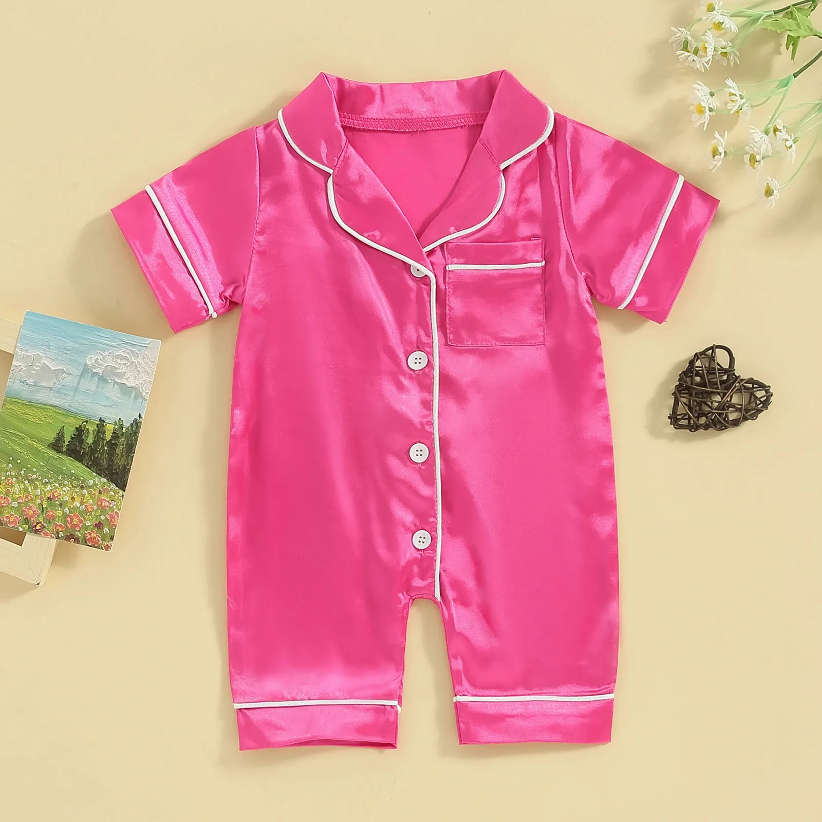 Urodzona Baby Girls Boys Falowe Zwiedź za snem Kids Letni kombinezon Pajama Krótki rękaw Lapel Solid Kolor Button Up Nightgown Robe 240418