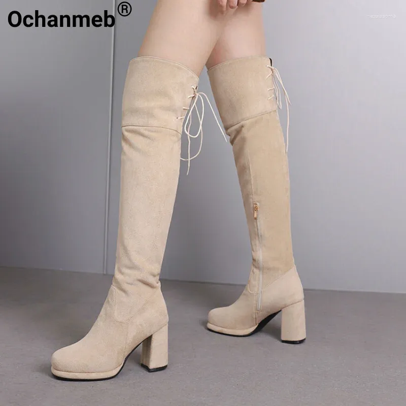 Boots Ochanmeb Mulheres reúnem a plataforma Over-the-Knee Square High Heels Zipper Amarra Cruzada de Toe de Grande dimensionamento O outono do inverno
