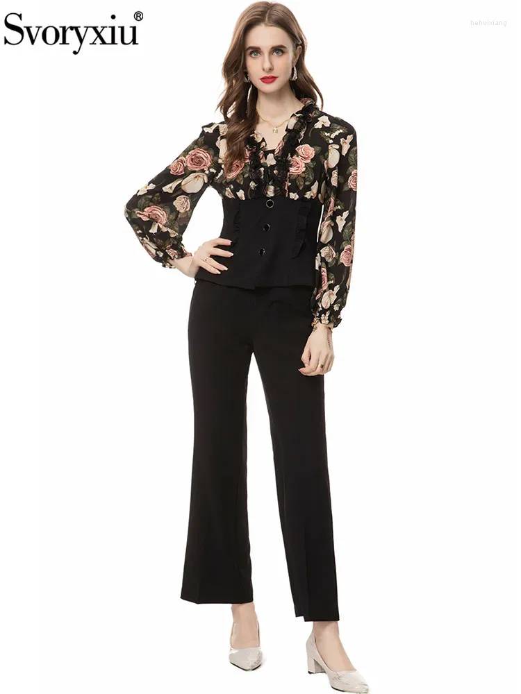 Pantalones de dos piezas para mujeres Svoryxiu Diseñador de moda Autumn Floral Impresión Flotos con cuello en V blusas delgadas de cintura elástica Bottals