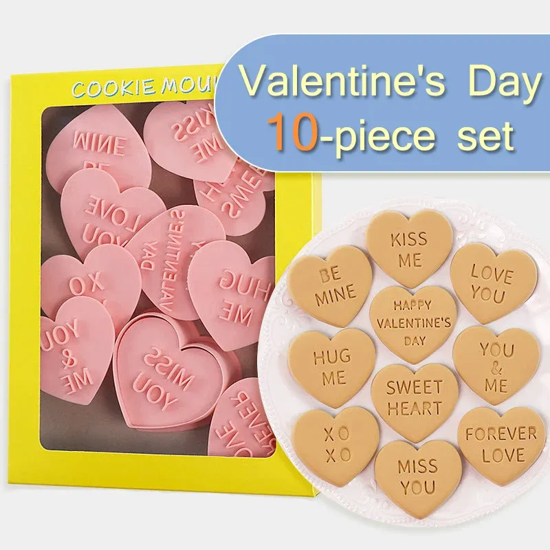 Moulds 10Pcs Valentine's Day Icing Biscuit Mold Set LOVE 3D Plastic Heart Shape Fondant Cake Party Decorator Baking Tools Kitchen