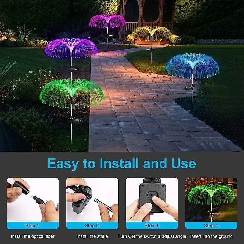 Trädgårdsdekorationer Solar Garden Lights Outdoor Waterproof Fiber Opertic Jellyfish Lawn Lights Outdoor Patio Villa Yard Decor