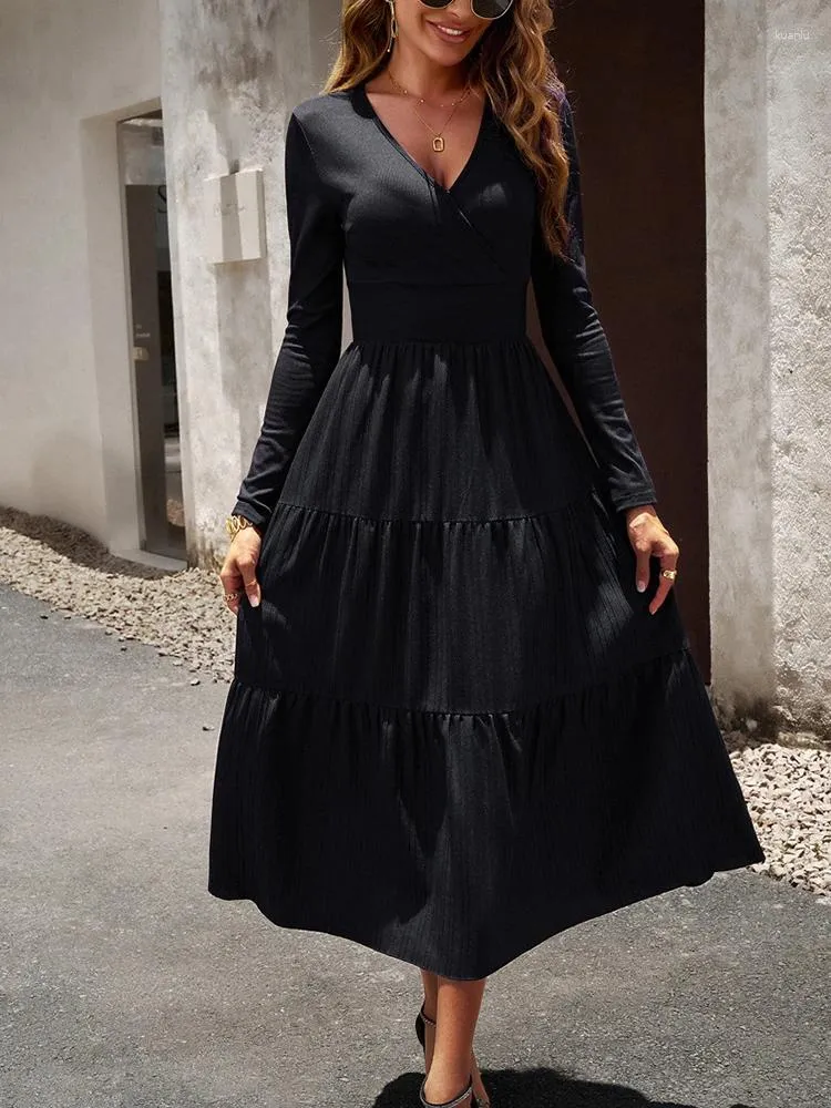 Long black ruffle dress with V-neck and long sleeves for autumn and winter  casual wear from Dhgate Basic & Casual Dresses - price 45.68