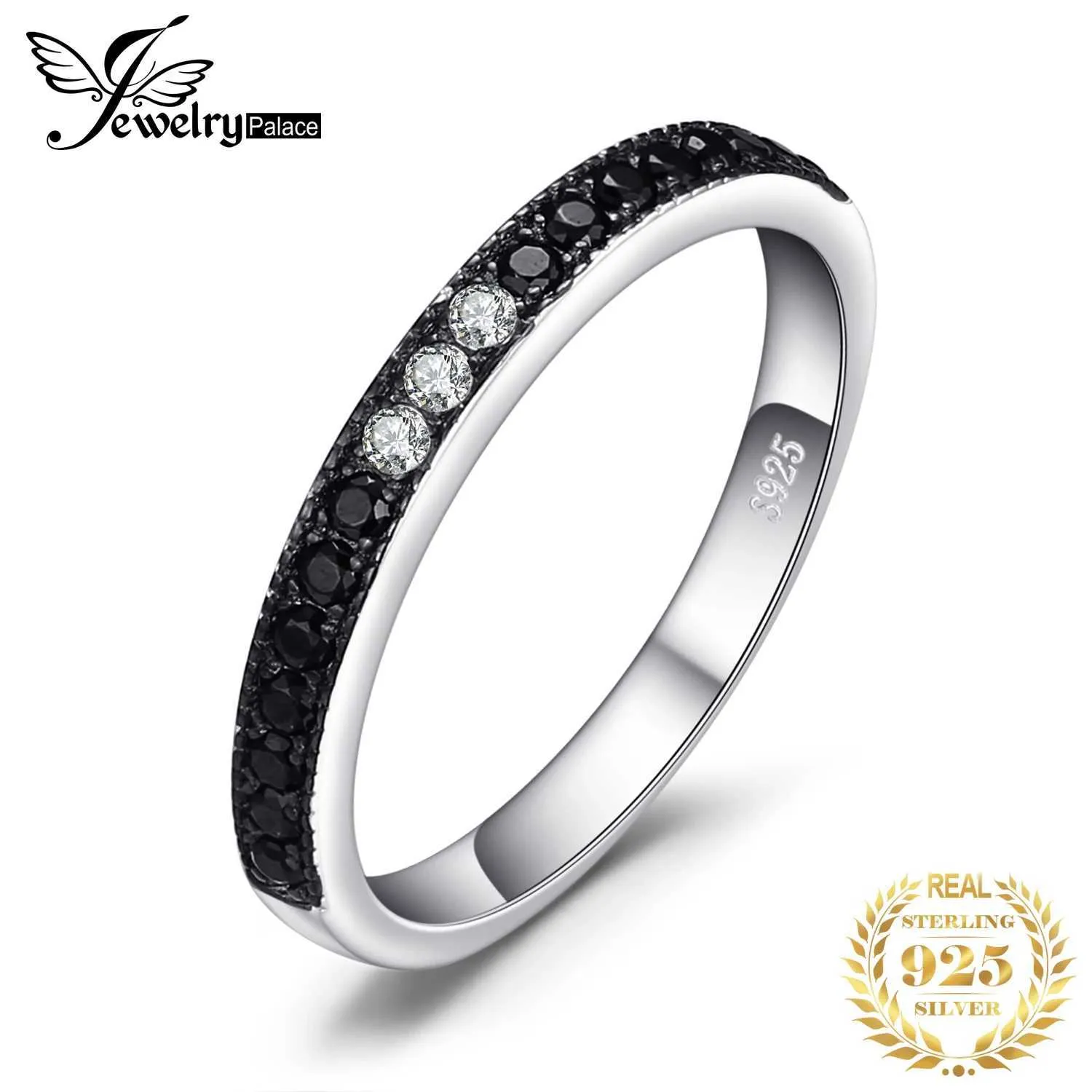 Anneaux de bande JewelryPalace Natural Black Spinel 925 STERLING Silver Band Wedding Engagement Anneau Femmes Bijoux Empilable Nouveau Arrivée Q240427