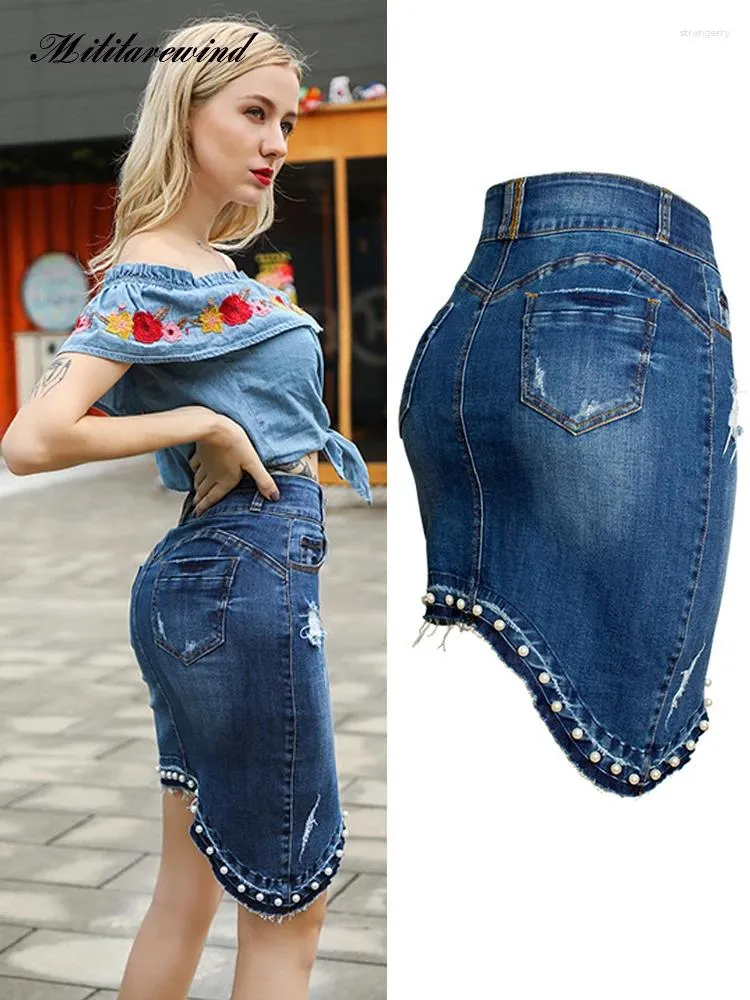 Röcke hohe Taille Jeans Rock Frauen Frühling Sommer sexy Wrap Hip unregelmäßig Länge Perlen Jean Mini Bleistift für