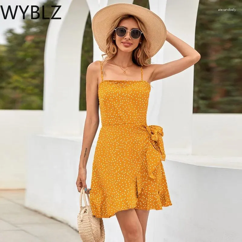 Lässige Kleider Wyblz Sommer Polka Punkte Kleider elegant gelb Chiffon Rückenless Boho Beach Party Mini für Frauen 2024 Urlaub Sundress S L.