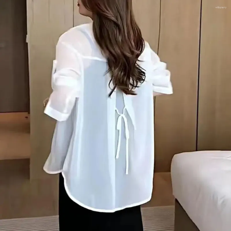 Blouses pour femmes chemises de protection solaire mince veste haut mousseline élégante avec détail à lacets à manches longues pour l'été