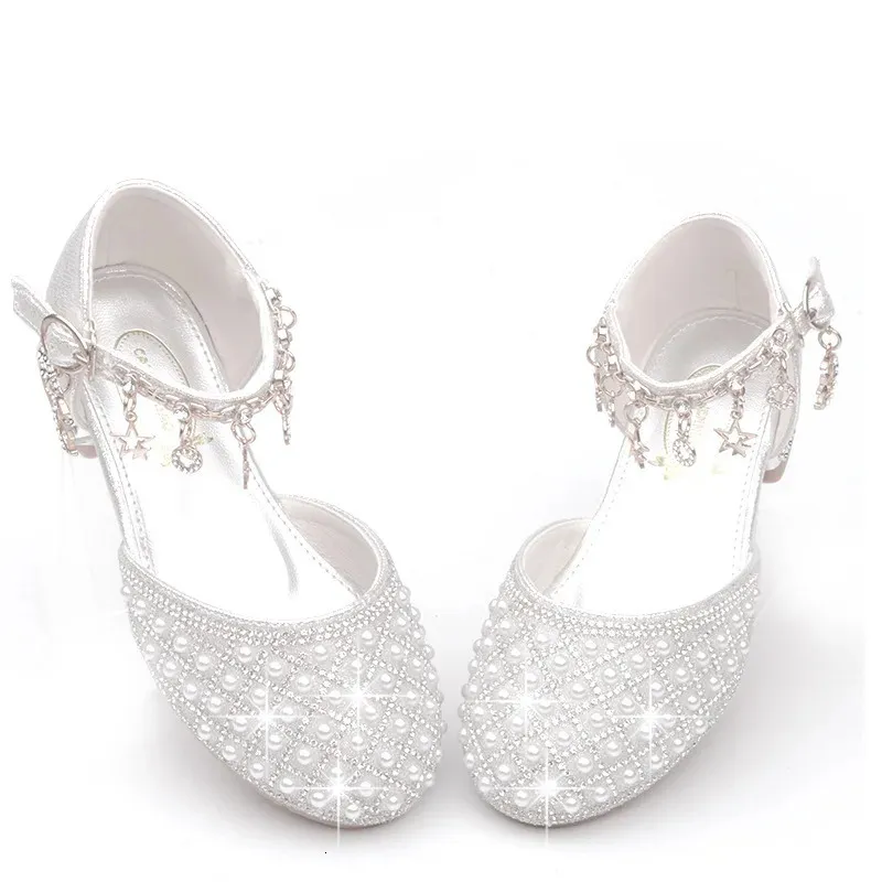 Girls High Heel Shoes For Kids Pearl Teen Crystal Party Princess Shoes Child Wedding Formal Leather Sandals Girls Footwear Party 240415