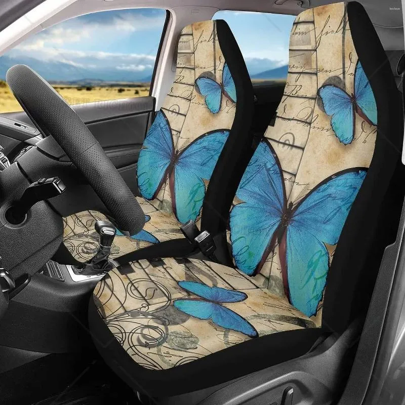 Car Seat Covers Blue Butterfly Retro Front Only For Women 2pc Universal Auto Seats Protector Fits SUV Sedan