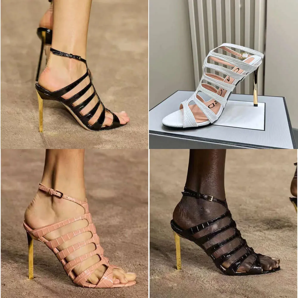 Stone Modello alla moda sandali in pelle autentica Donne metallo da 10 cm con tacchi alti designer casual caviglia caviglia caviglia fibbia per la festa delle feste per matrimoni qualità originale