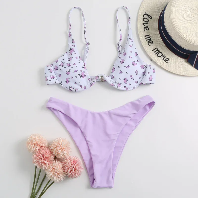 Set di bikini da bagno femminile set sexy stampa floreale viola push up costume da bagno sotto cablato da bagno ad costume da bagno ad alto taglio 2024 Mujer Biquini