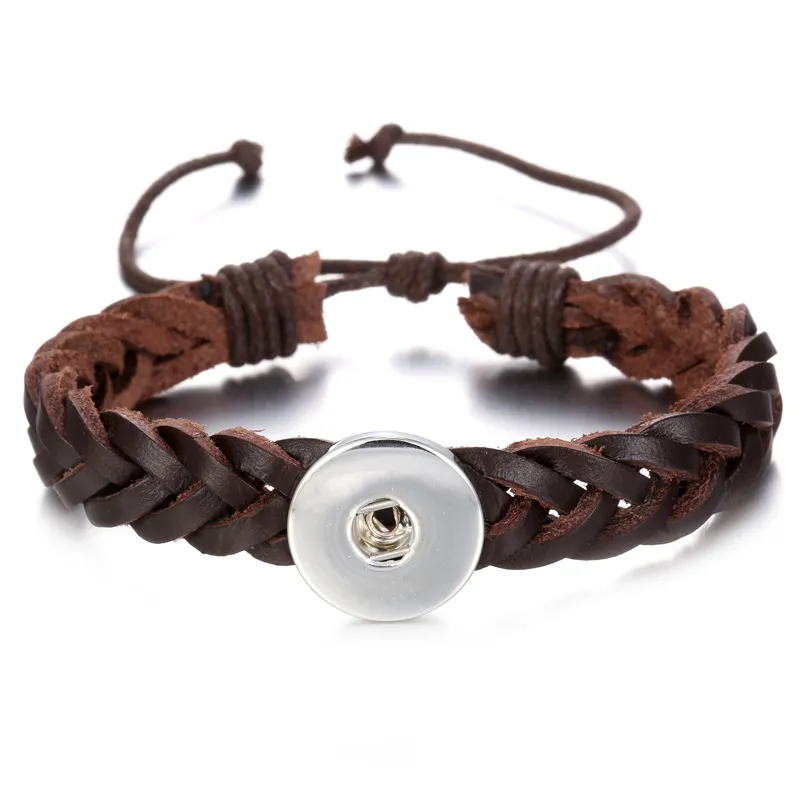 Mode gevlochten verstelbare zwart bruin pu lederen armband pasvorm 18 mm snap knoppen unisex sieraden