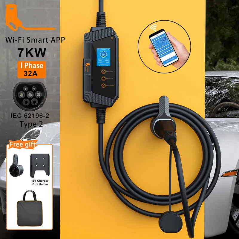 電気自動車の高速充電タイプ2 32A 7KWポータブルEV充電器アプリ現在の充電時間設定によるWi-Fiコントロール