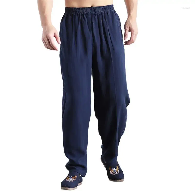 Mäns byxor plus storlek M-6xl Fashion Men Lång bomullslinne Casual Hög midja Fast Loose Lantern Black Navy Blue Cargo