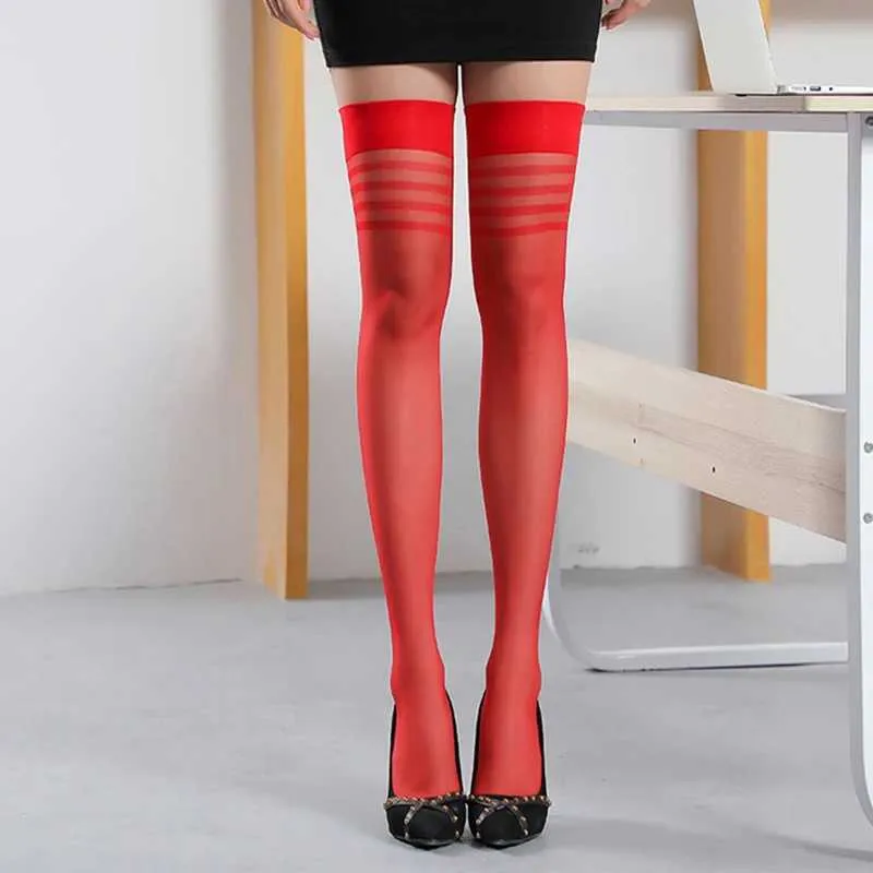 Sexy Socks Sexy womens high stockings striped top pantyhose knee socks high elastic nylon stockings red nightclub women Q240427