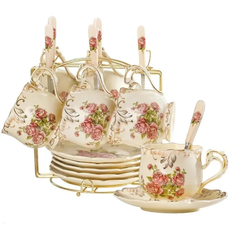 Fildişi pembe seramik bardak ve tabaklar 8 oz 6 vintage çiçek porselen çay süslü kahve ile altın raf 240422
