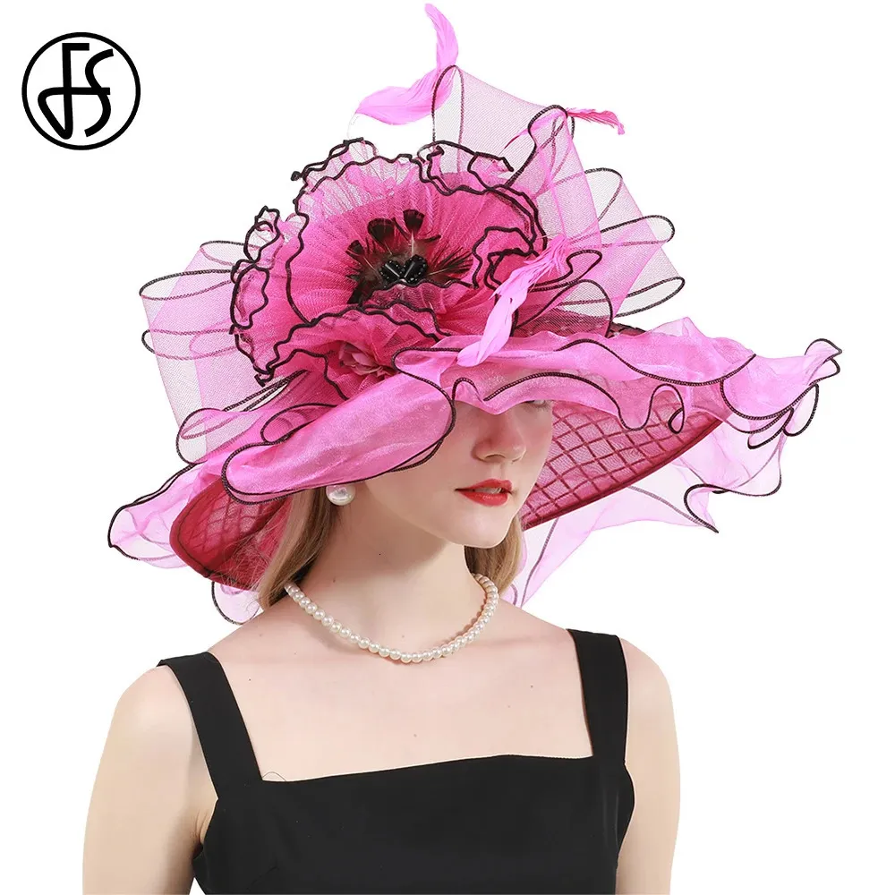 FS Hats For Women Rose Red Tea Party Wedding Organza Cap Feather Flower Plaid Fascinator Wide Brim Fedoras 240412