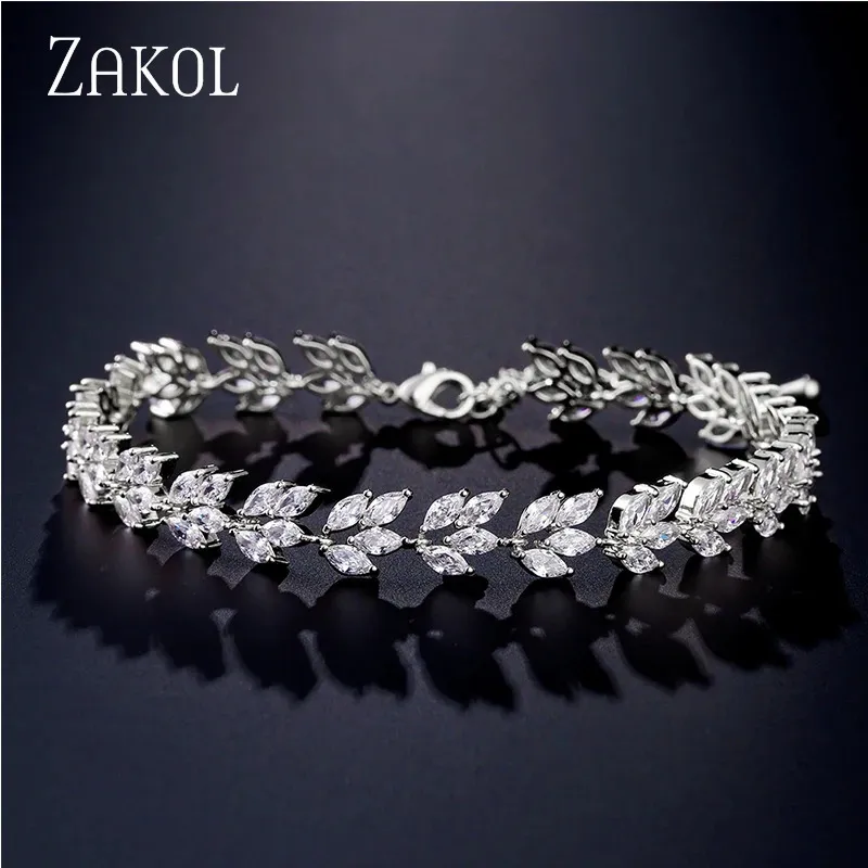 Zakol Classic Leaf Forma de folha cúbica Chain Link Chain Bracelets Luxury cz bracelete de pedra brilhante jóias de casamento BP2173 240423