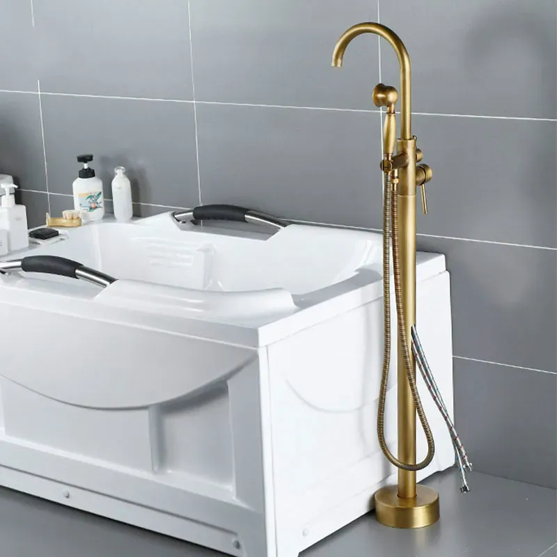 Brass Bathtub Faucet Swive Spout Tub Mixer Tap with Hand shower Bath Shower Mixer Floor Standing Faucet Shower Antique Bronze