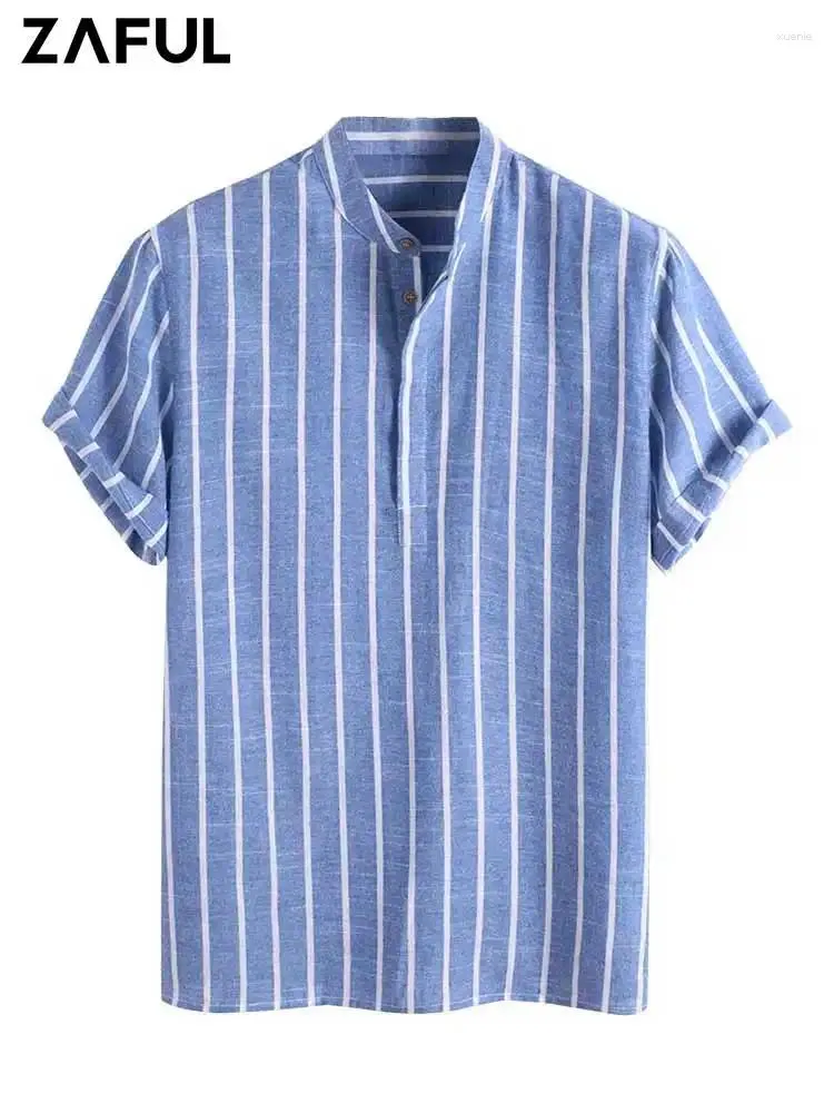 メンズカジュアルシャツZaful Striped for Men for Halfボタンカラーレス半袖ブラウスストリートウェアプルオーバーオフィストップZ4984953