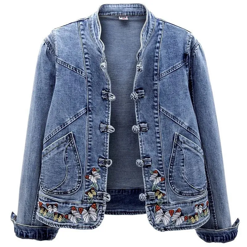 Women Jeans Jacket Spring Autumn Clothing Embroidered Short Denim Jackets Female Basic Coat Long Sleeve Outerwear 3XL 240416