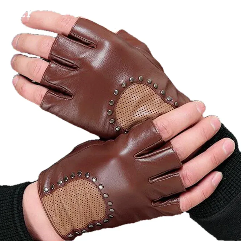 Läderhandskar kvinnliga modenitar halvfinger handskar äkta fårskinn handskar lady vårens höstvintermantens