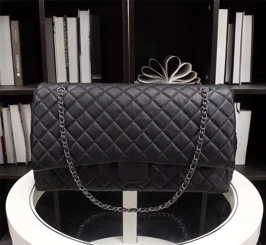 46 cm große Kapazität Ladies Klappen Designer -Taschen Qualität Caviar Classic Handtaschen Frauen Umhängetasche Golden/Silber Metallketten Diamant Diamant