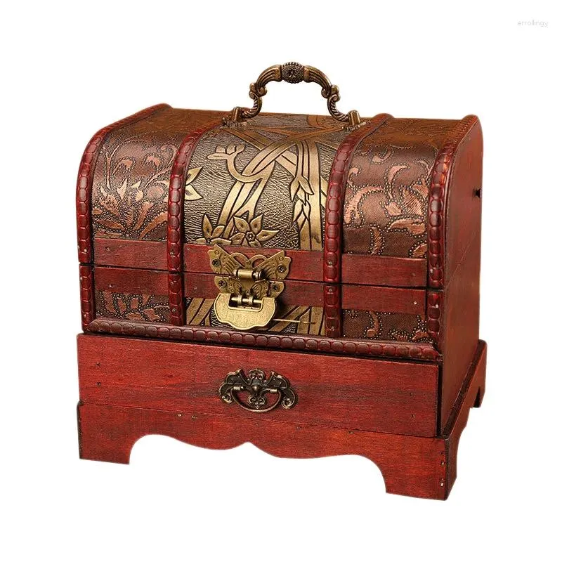 Sachets de bijoux Large Boîte de rangement à bijou de serrure en métal vintage Organisateur de trésors en bois décoratif à la main Cadeau de poitrine