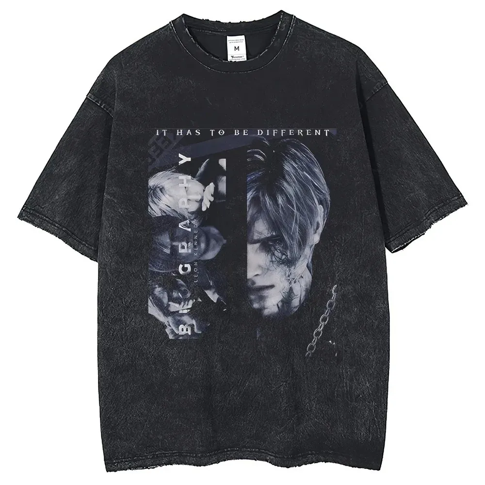 Friend Game Leon S Kennedy Printed Short Sleeve Shirt 2024 Harajuku Summer Vintage Wash 250G Cotton Mens Loose Tees 240424