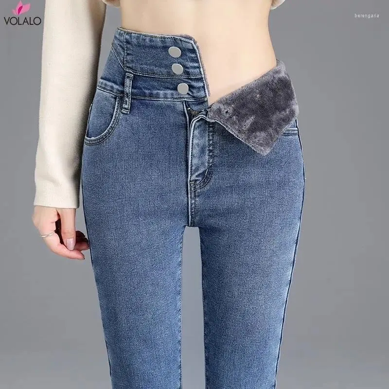 Jeans femminile volalo inverno inverno spesso velluto da donna ad alta vita in pile semplice pile calda slim fit ladies ladies casual denim pantaloni