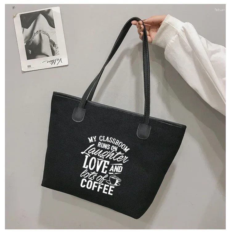 Alışveriş Çantaları Sınıfım Kahkaha Aşk ve Kahve Hediyesi Tuval Tote Çanta Omuz Çanak Kitabı Öğrenci Alışverişi