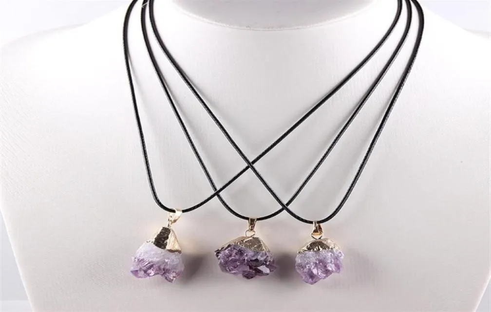 Onregelmatige natuurlijke amethisters ketting unieke genezing zwart touw paarse kwarts choker semiprecious chakra reiki raw sieraden249b1332127