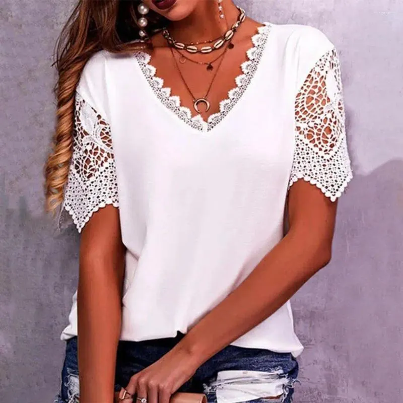 Women's Blouses V-Neck Women T-shirt Lace Hollow Stitching Petal Short Sleeve Casual Loose Solid Color Tops Daily Clothing