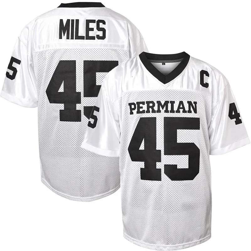 Film Permian Miles #45 Rugby Jersey Mens na zewnątrz amerykańskie odzież piłkarska piłka nożna biała topy szycie haft 240424