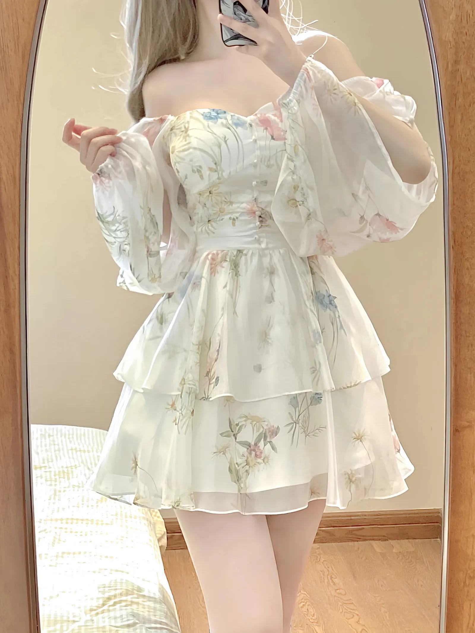 Floral Chiffon Dresses: Elegant Mini Dress, Long Sleeves
