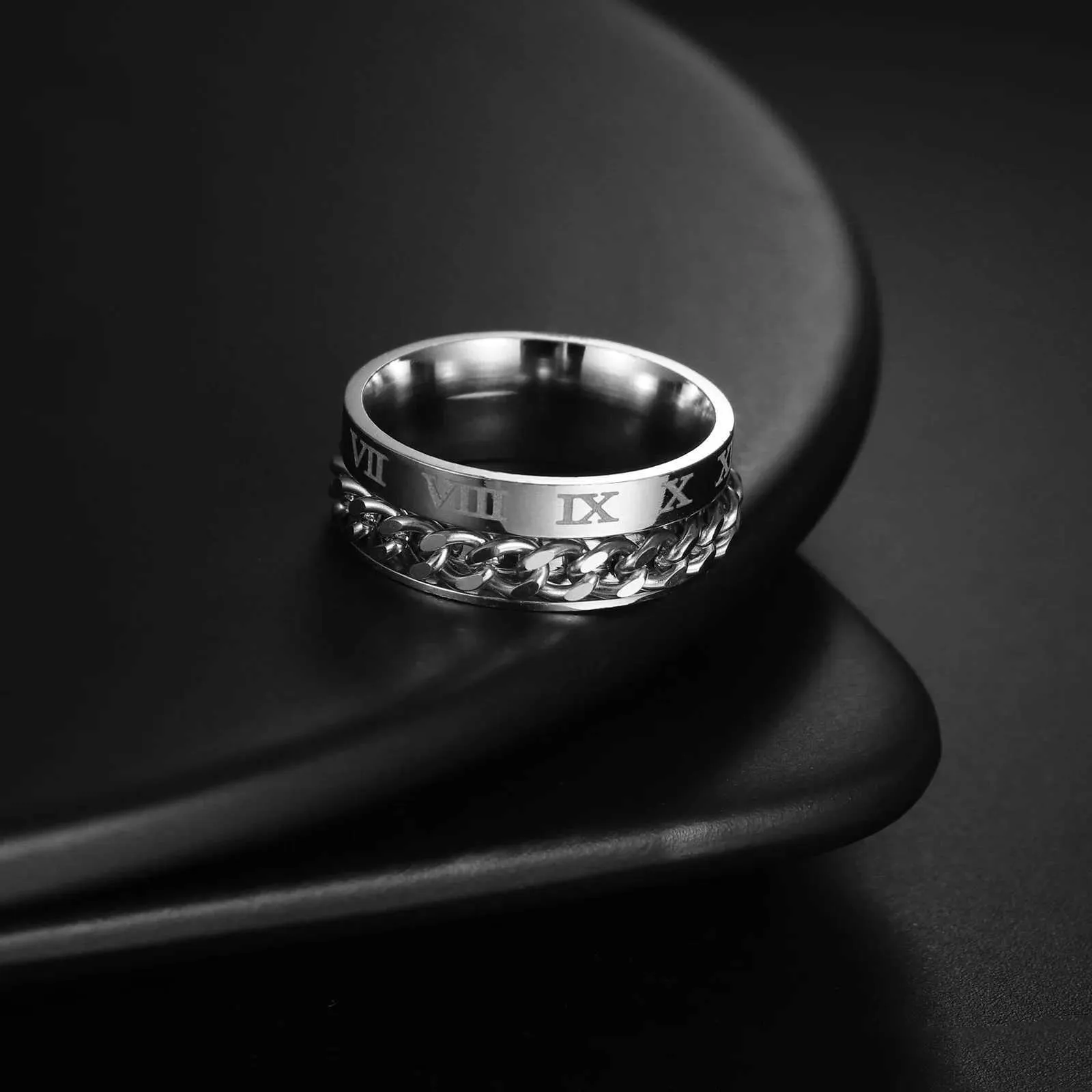 Wedding Rings Punk Roman Numerals Mens Rings Stainless Steel Chain Rotatable Ring for Men Women Classic Rome Digital Power Sense Gift