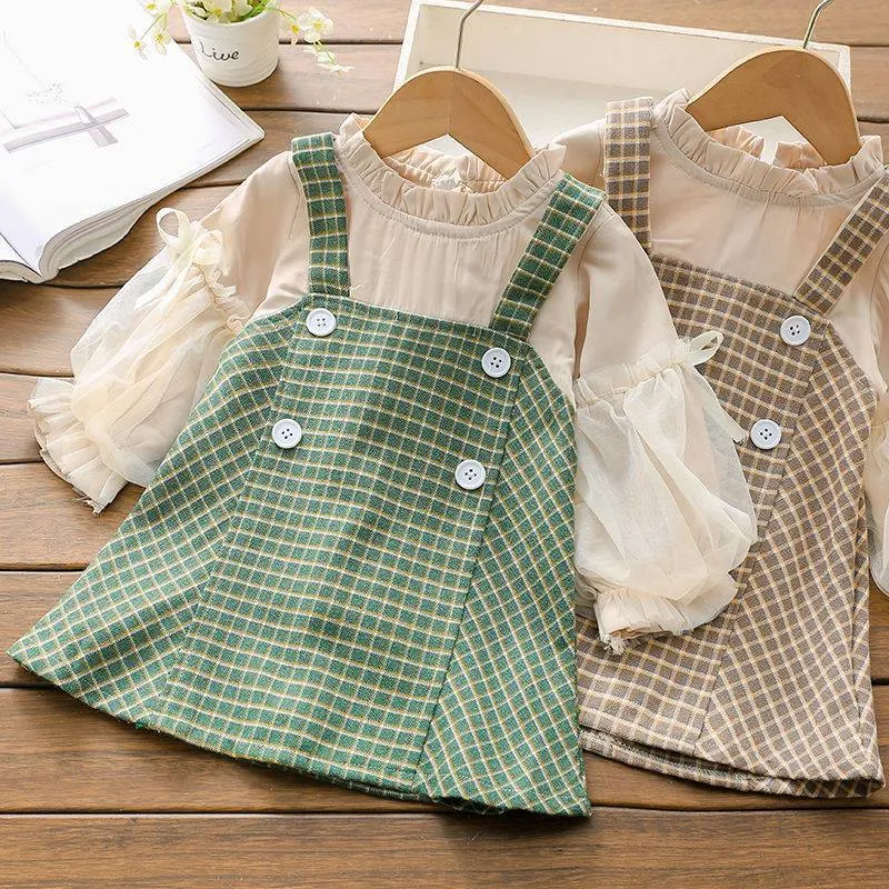 Girls' autumn dress 2024 vintage patchwork plaid skirt 2-6 year old girl baby spring and autumn vacation 2 dresses