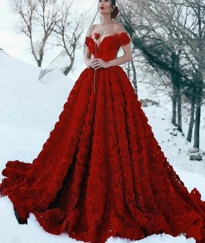 Baljurk prom jurken rood van de schouder sweetheart halslijn handgemaakte 3d bloemen chapel trein avondjurken8860182