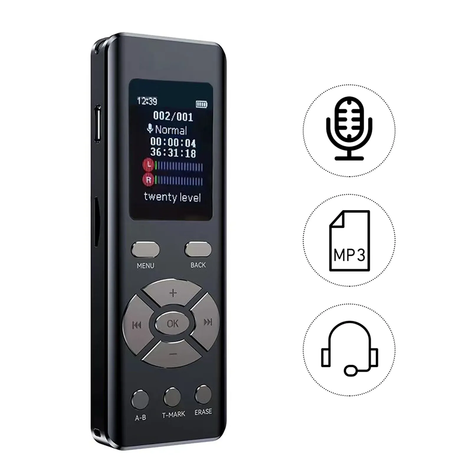 Microfones Smart Voice Recorder med mikrofon Högfidelitet AB Loop Playback Mp3 2Kanal Stereo Recording Digital Audio Recorder