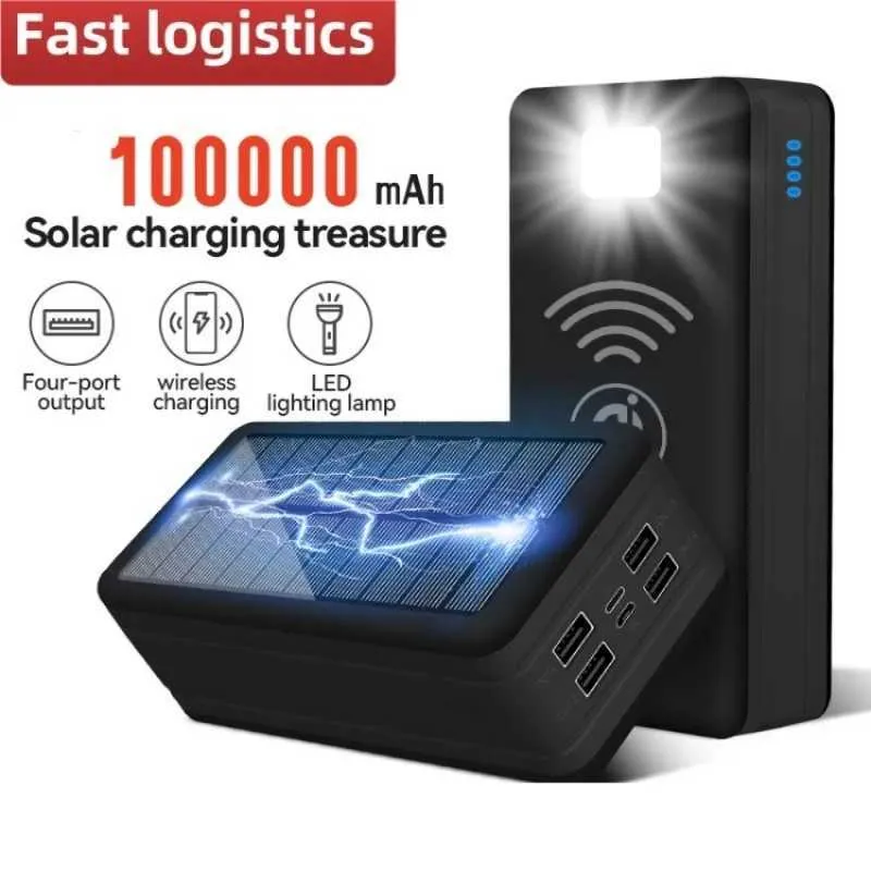 Celular Power Banks Solar Power Bank 100000mAh Charging Solar Phone carregamento sem fio Bateria externa de grande capacidade Carregamento rápido Novo J240428