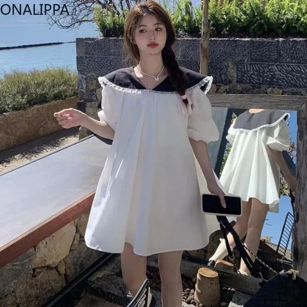 Party Dresses Onalippa Sweet Sailor Collar Loose Mini Dress Wood Ear Hem Lantern Sleepes Casual Korean Mid-Längd Shirts For Women