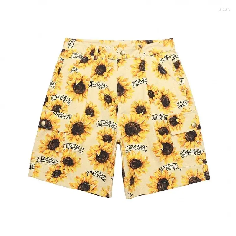 Herr shorts streetwear full solros tryck sommartröjor och män kvinnor färgmatch bokstäver baggy knä längd byxor överdimensionerade