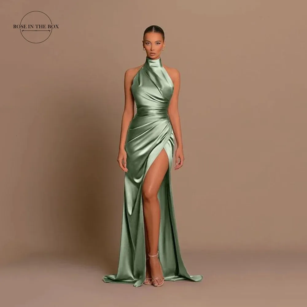 Women Halter Satin Bridesmaid Dresses Floor-Length Ruched Prom Dress with  Split Long Evening Gowns from Dhgate Runway Dresses - price 154.79