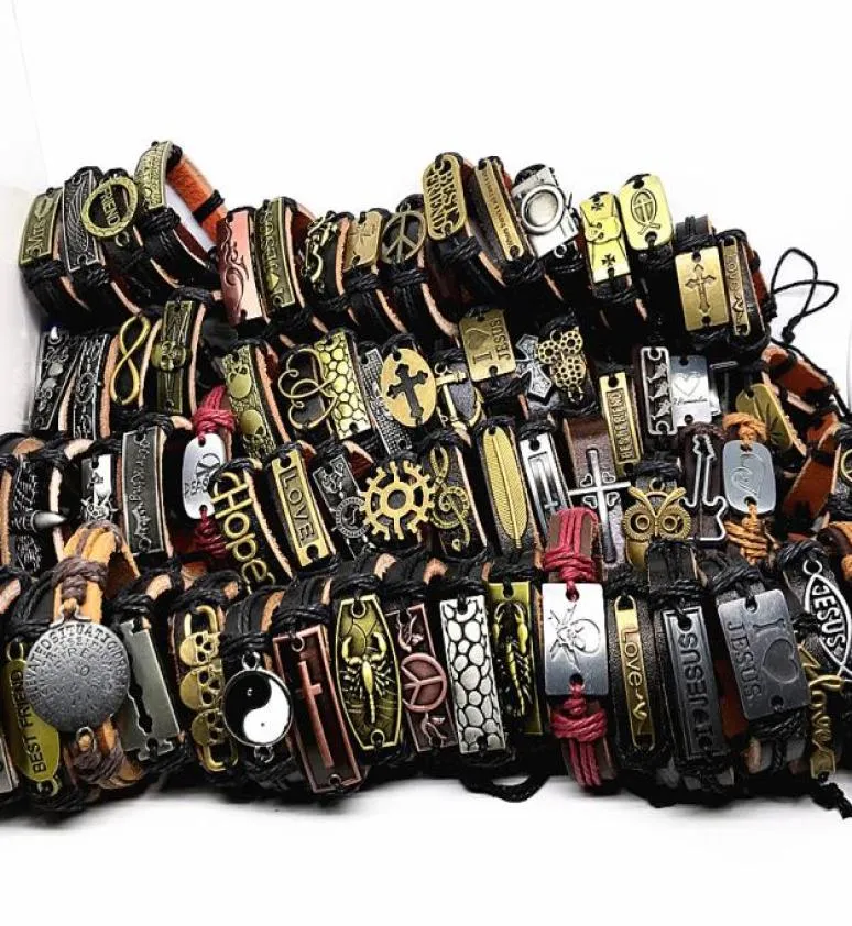 100pcslot Top Mix Styles Metal Leather Cuff Punk Jezus Cross Biker handgemaakte armbanden Men039S Women039S sieraden hele L6355095