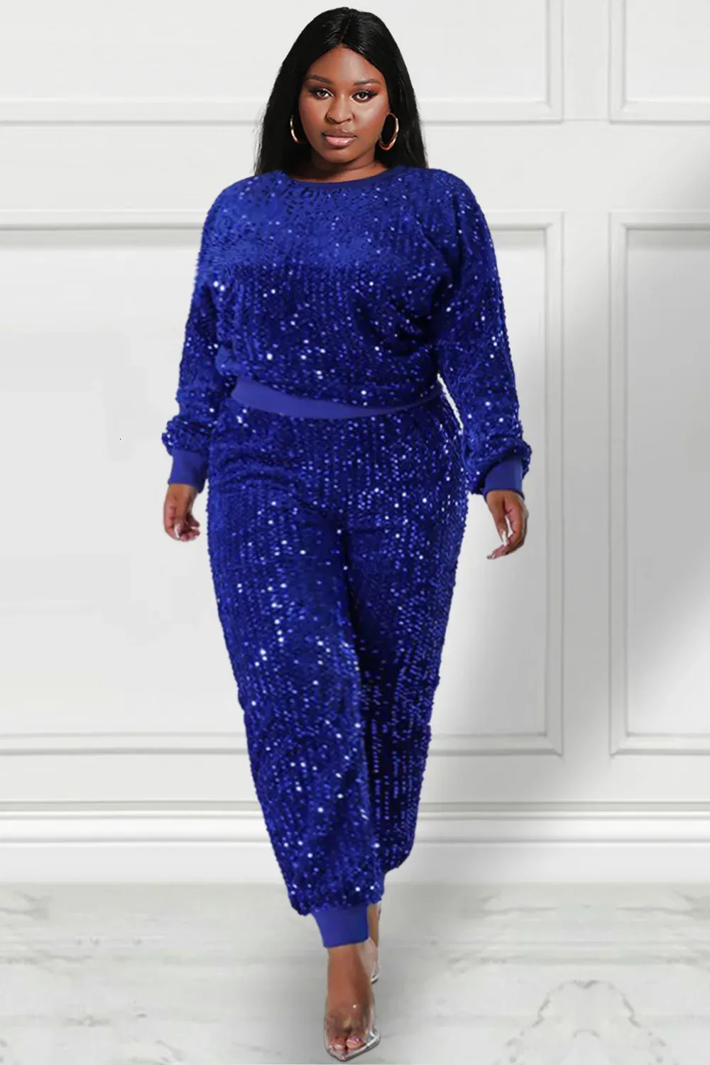 Royal Blue Sequin Two Piece Sequin Pant Suit Set For Plus Size Women Perfect For Parties In Autumn And Winter Style 241127 From Pong02 32.29 DHgate.Com