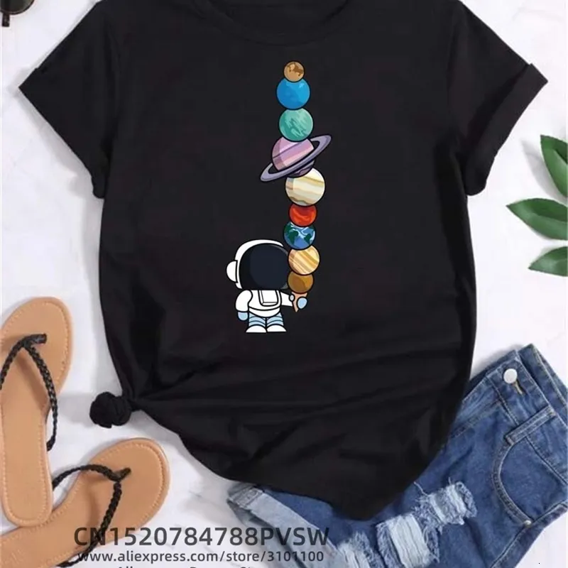 Frauen lustige Mondraum Planet Print T -Shirt Mädchen lässig runden Hals Kurzarm Kleidung Frauen Vintage Tops 240417