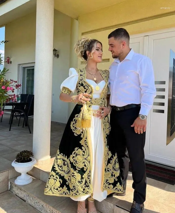 Algerian Melhfa Tea Length Evening Dresses For Women Two Piece Velvet Gold Lace Applique Prom Outfit With Karakou Style In White And Green From Annaroy 150.49 DHgate.Com