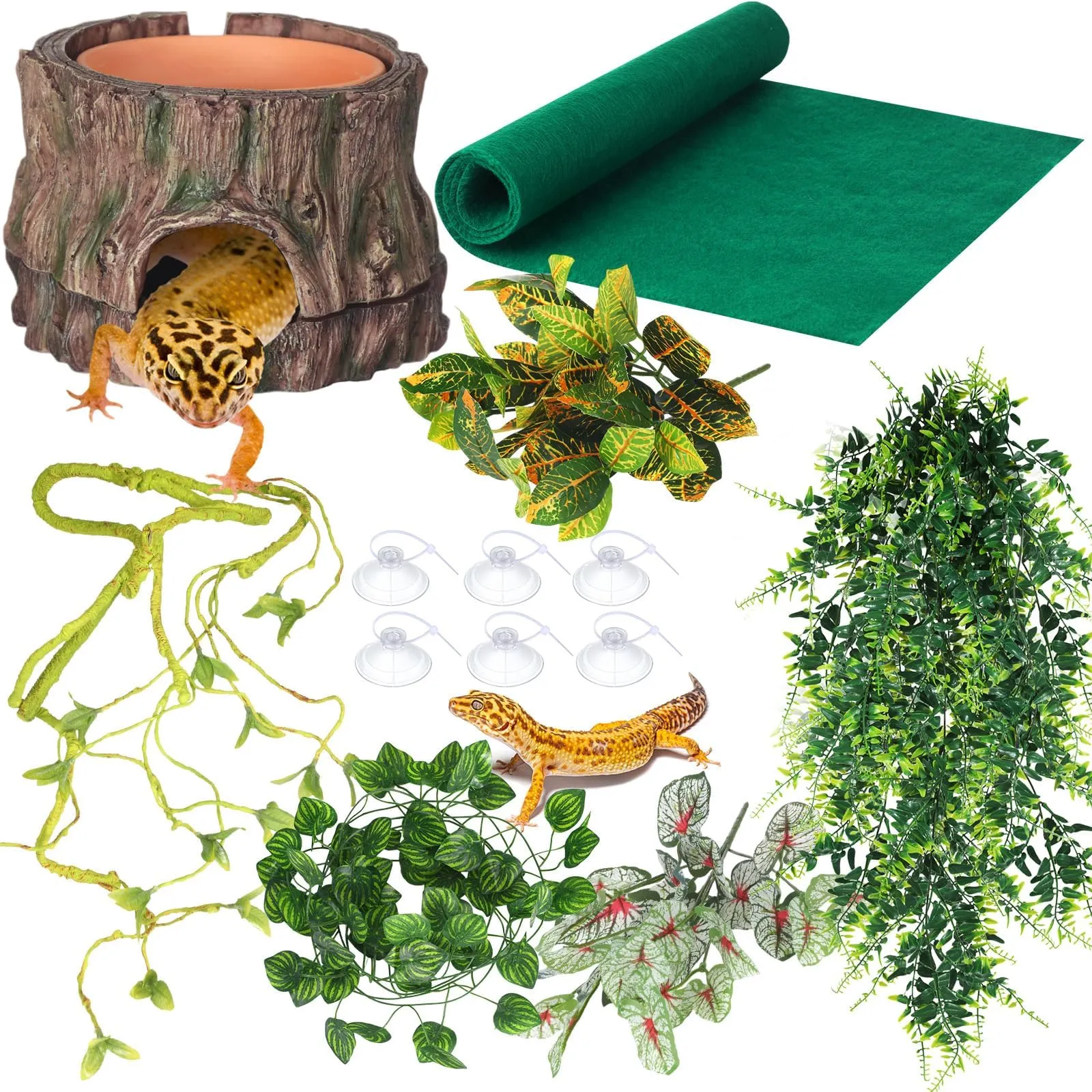 19-Piece Reptile Habitat Kit: Artificial Plants, Food Water