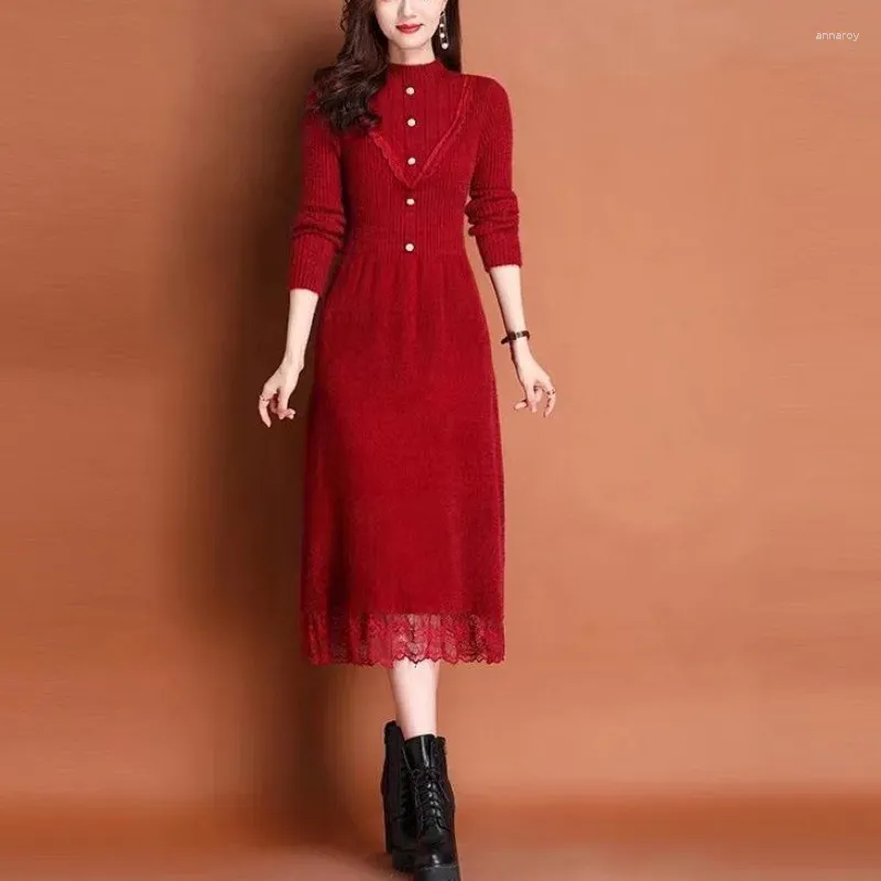 Casual Dresses Women's Autumn Winter Patchwork Long Sleeve Vestidos De Fiesta Lace Knit Sexy Lady Dress Fashion Versatile Elegant