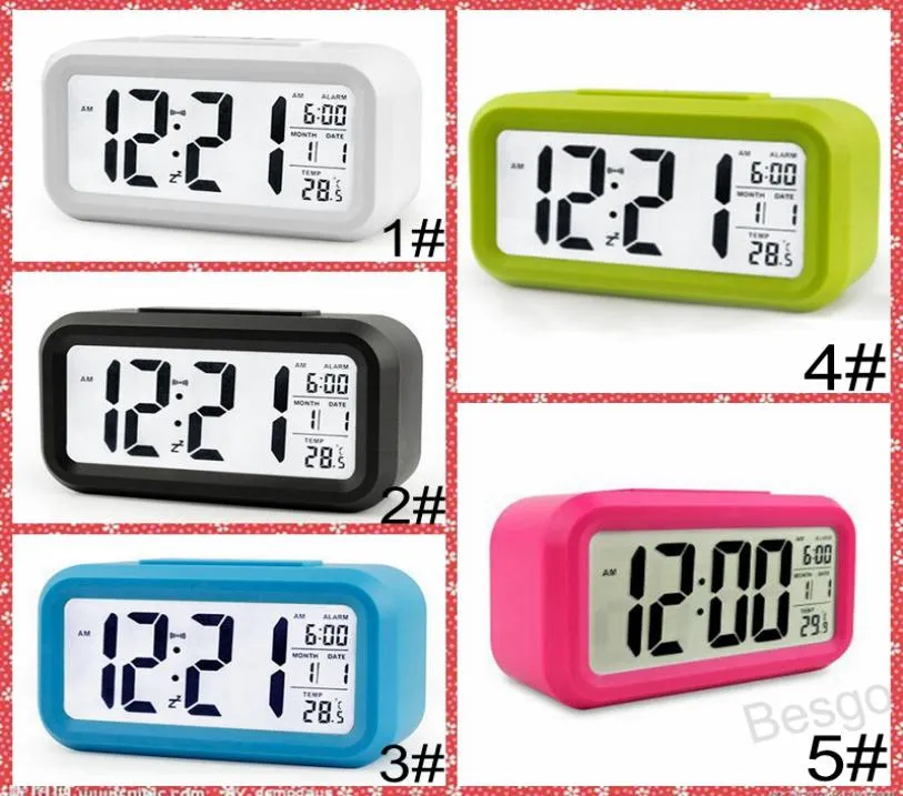 Plastic Mute Alarm Clock LCD Smart Clock Temperature Cute Posensitive Bedside Digital Alarm Clock Snooze Nightlight Calendar BH3685839