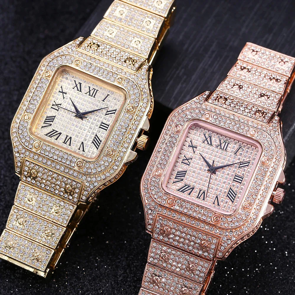 Square Full Star Steel Band Diamond Set Roman Scale Fashion Quartz Watch for Women 240426